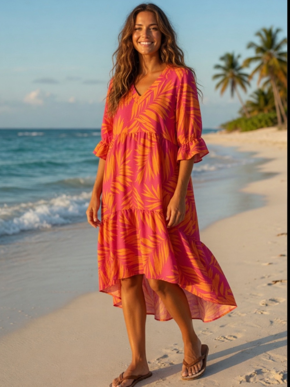 Tropical pink and Orange Ruffled Sundress Puff Sleeves and V-neck Resort Wear